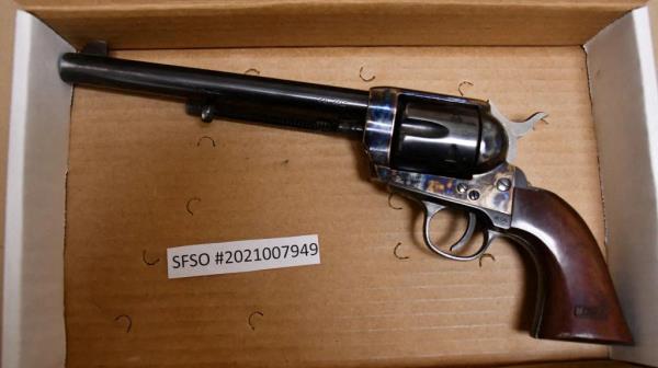 Reproduction 1873 long Colt .45 Single Action Army revolver used by Alec Baldwin on the set of 'Rust' in a box.