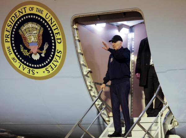 President Joe Biden gestures as he deboards Air Force One, at Dover Air Force ba<em></em>se in Dover, Delaware, U.S., July 17, 2024.