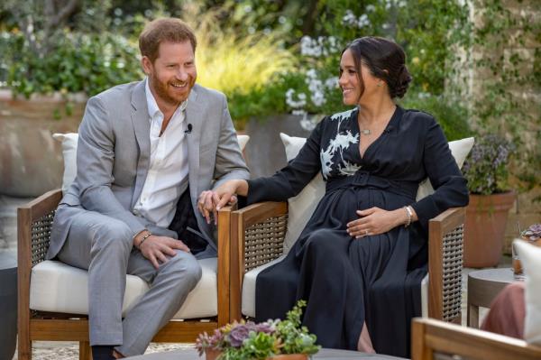 Prince Harry, left, and Meghan, Duchess of Sussex, speaking to Oprah Winfrey.