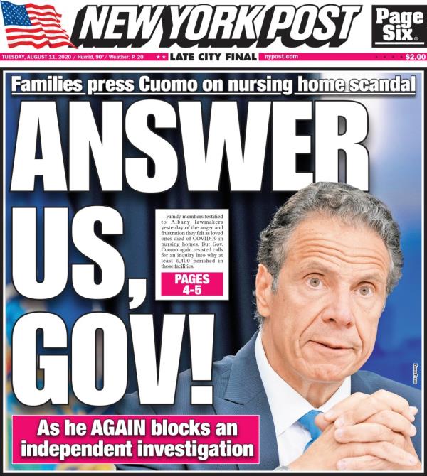 New York Post cover for Tuesday, August 11, 2020.