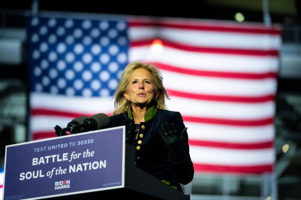 Dr. Jill Biden speaks in support of her husband Democratic presidential nominee Joe Biden during a drive-in campaign rally at Heinz Field on November 02, 2020 in Pittsburgh, Pennsylvania. 