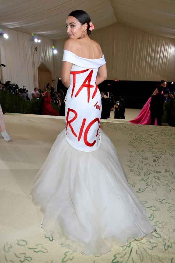 A photo of Alexandria Ocasio-Cortez at the 2021 Met Gala.