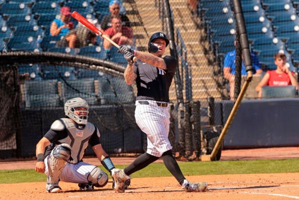 Alex Verdugo at bat during a simulated game at Steinbrenner Field, the Yankees Spring training complex in Tampa Florida.