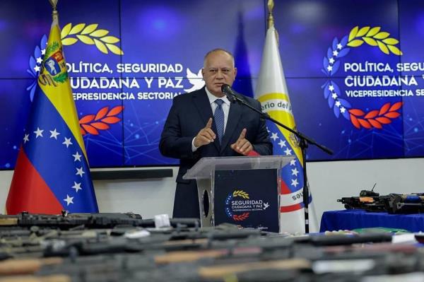 This handout picture released by Venezuela′s Interior and Justice Ministry shows Venezuela's Interior Minister Diosdado Cabello giving a press co<em></em>nference on September 14, 2024 in Caracas.