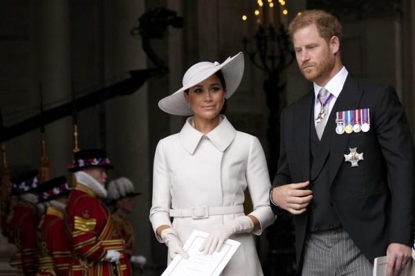 Prince Harry and Meghan Markle, Duke and Duchess of Sussex, leaving St Paul's Cathedral after a service marking Queen Elizabeth II's Platinum Jubilee