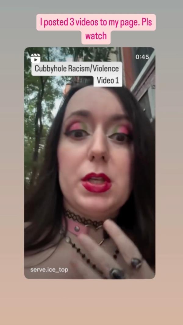 Anne Marie Bompart with a choker and pink makeup addressing allegations of racism on Instagram reel