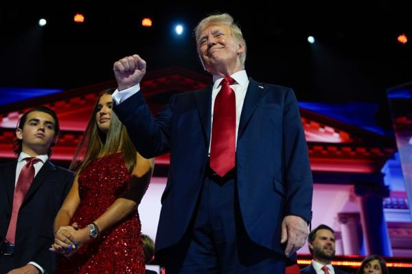 Former President Do<em></em>nald Trump standing on stage at the 2024 Republican Natio<em></em>nal Co<em></em>nvention in Fiserv Forum, Milwaukee