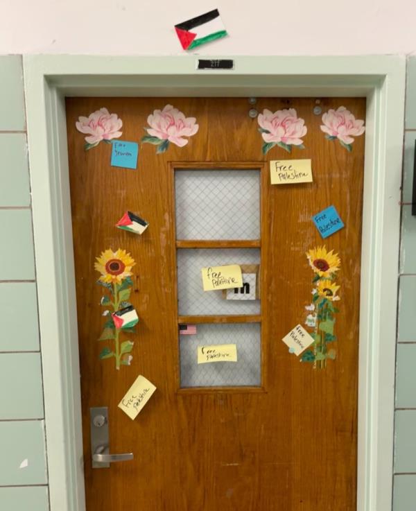 Messages and Palestinian flags left on the door of Kaminsky's class room. 