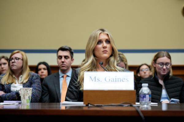 Former collegiate swimmer Riley Gaines testifies during a House Oversight Subcommittee on Health Care and Financial Services hearing on Capitol Hill December 5, 2023 in Washington, DC.