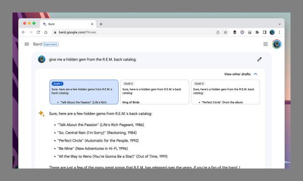 Screenshot of Google Bard with prom<em></em>pt give me a hidden gem from the R.E.M back catalog.