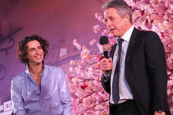 Timothée Chalamet and Hugh Grant at the Tokyo premiere of Wonka.