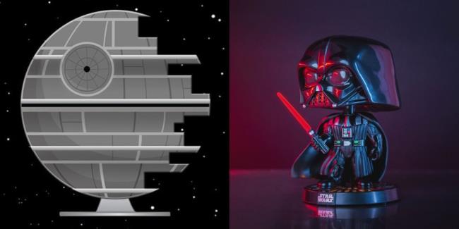 death star bitty pop town display and a darth vader funko pop