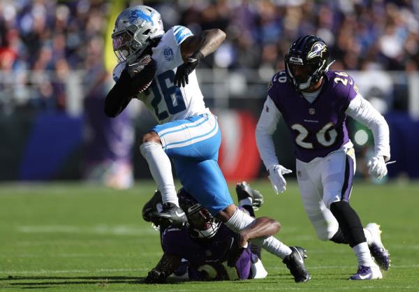 Jahmyr Gibbs is breaking out for fantasy in his rookie year. (Photo by Patrick Smith/Getty Images)